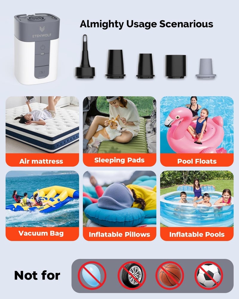 ETENWOLF AIR 5 Air Pump for Inflatables, 5200 mAh Portable Electric Air Pump, 4X Quick Inflator Deflator, 4.5 kPa & 720 L/min Pump for Pool Floats, Air Mattress, Vacuum Storage Bags, Camping - Image 4